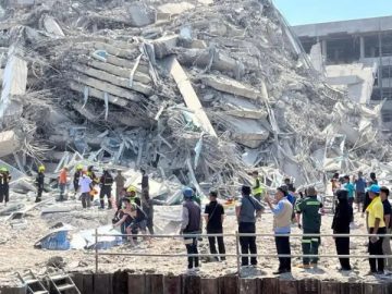 A Buddhist monastery building that has collapsed is seen following an earthquake in Naypyitaw, Myanmar, Sunday.