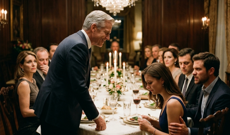 My boyfriend’s billionaire father looked at my dress and laughed. “street trash in a borrowed dress,” he said in front of twenty three guests but he had no idea who i was