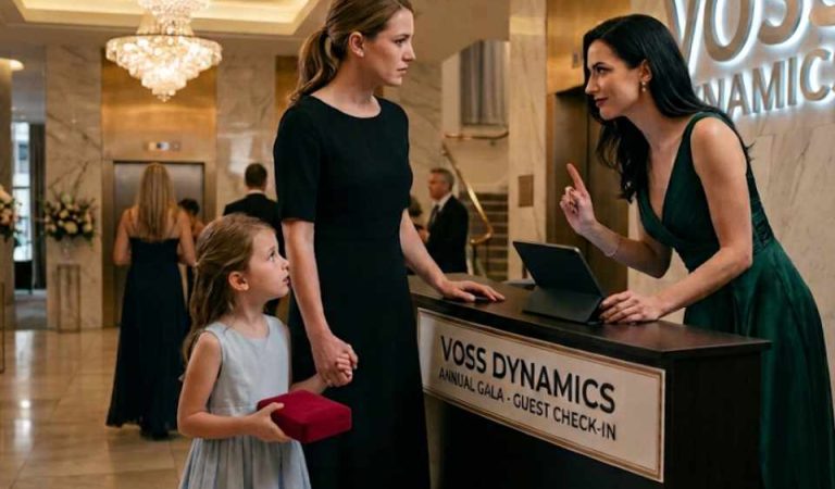 I took my 7-year-old daughter to surprise my husband at his company gala, but his assistant stopped us and said, “His wife and son are already upstairs.”